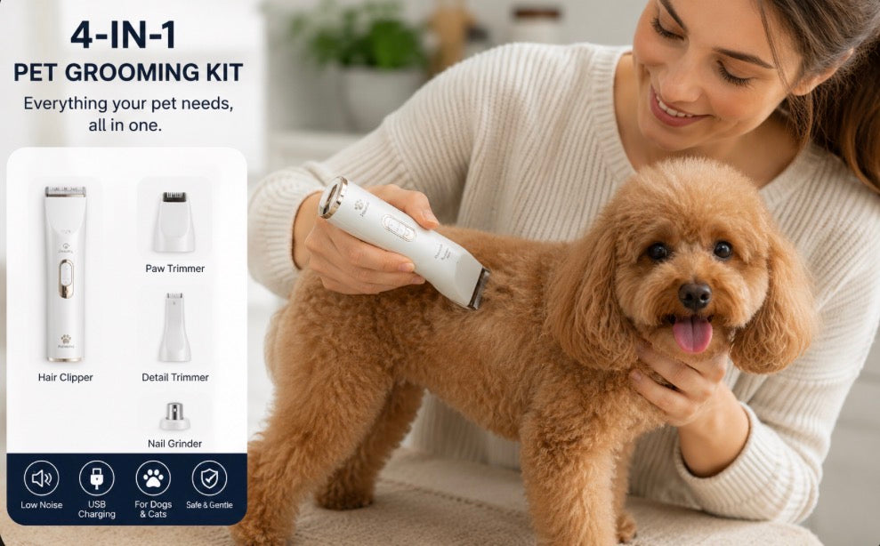 4-in-1 Professional Pet Grooming Kit | Quiet Clippers & Nail Grinder for Dogs & Cats